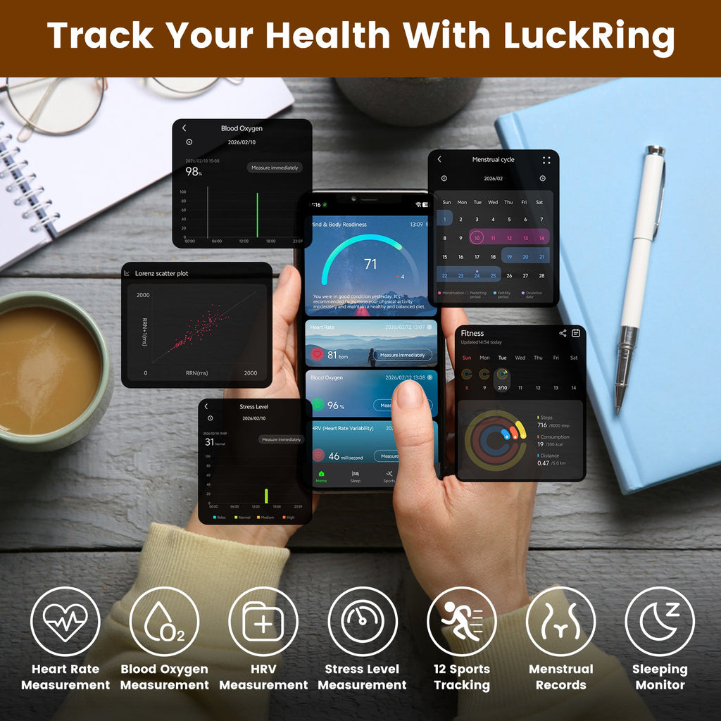 Elnamo Smart Ring, Health/Fitness/Sleep/Stress/HRV Tracker With Magnetic Charging Case, Compatible With IOS & Android (For Women & Men) (7-Day Battery) (Gold & White)