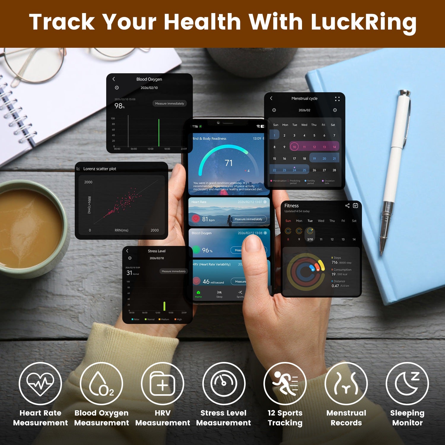 Elnamo Smart Ring, Health/Fitness/Sleep/Stress/HRV Tracker With Magnetic Charging Case, Compatible With IOS & Android (For Women & Men) (7-Day Battery) (Gold & White)