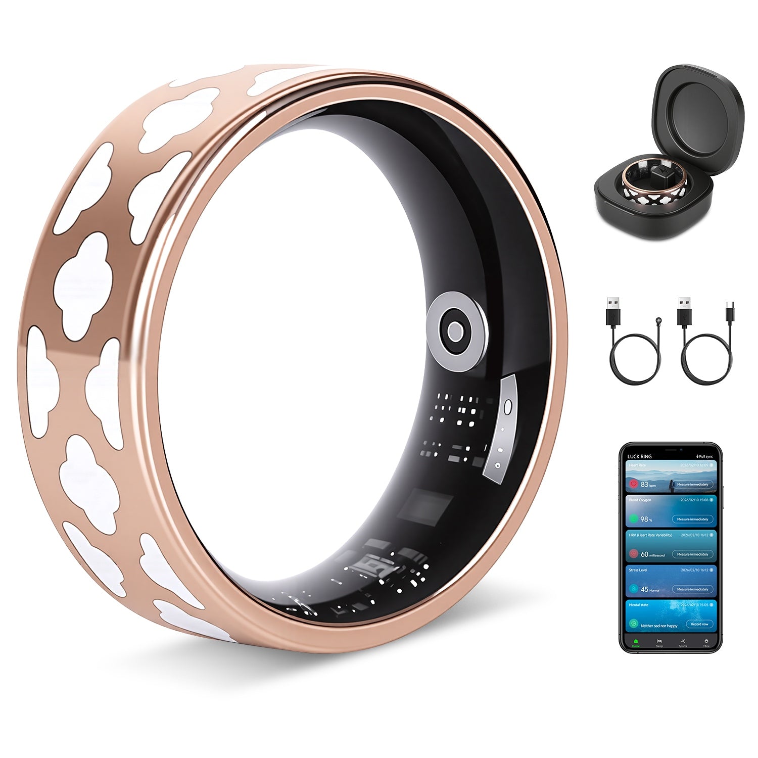 Elnamo Smart Ring, Health/Fitness/Sleep/Stress/HRV Tracker With Magnetic Charging Case, Compatible With IOS & Android (For Women & Men) (7-Day Battery) (Gold & White)