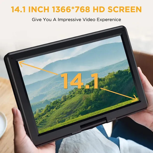 DBPOWER Portable DVD Player With 14.1" HD (Swivel Support) DVD/USB/SD Card And Multiple Disc Formats, Power Speakers, 6Hr Battery, 5000mAh Battery, Video/Projector Out.