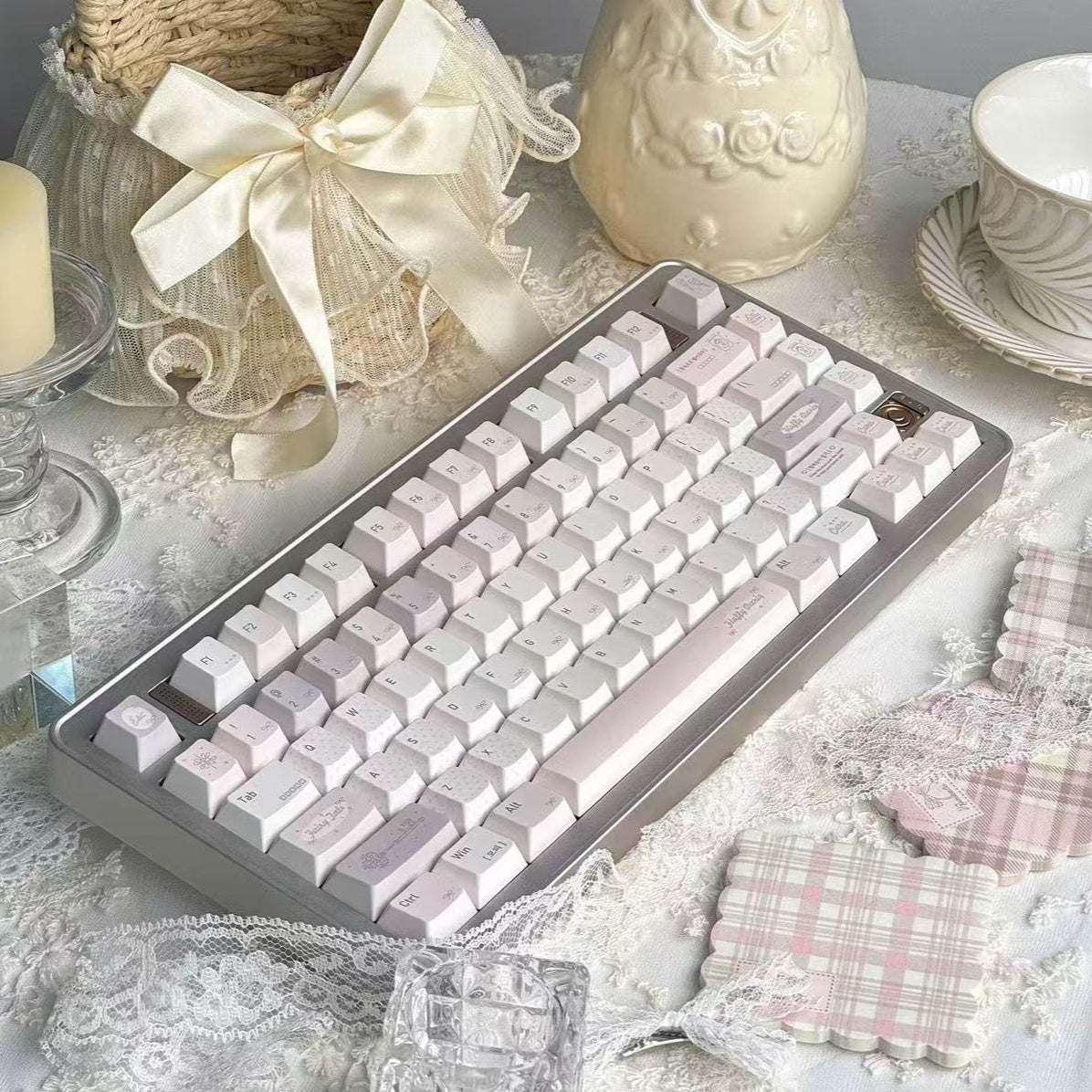 Elanmo Minimalist Design Mechanical Keyboard, Simple Cute Design (Compact Size) (White & Pink)
