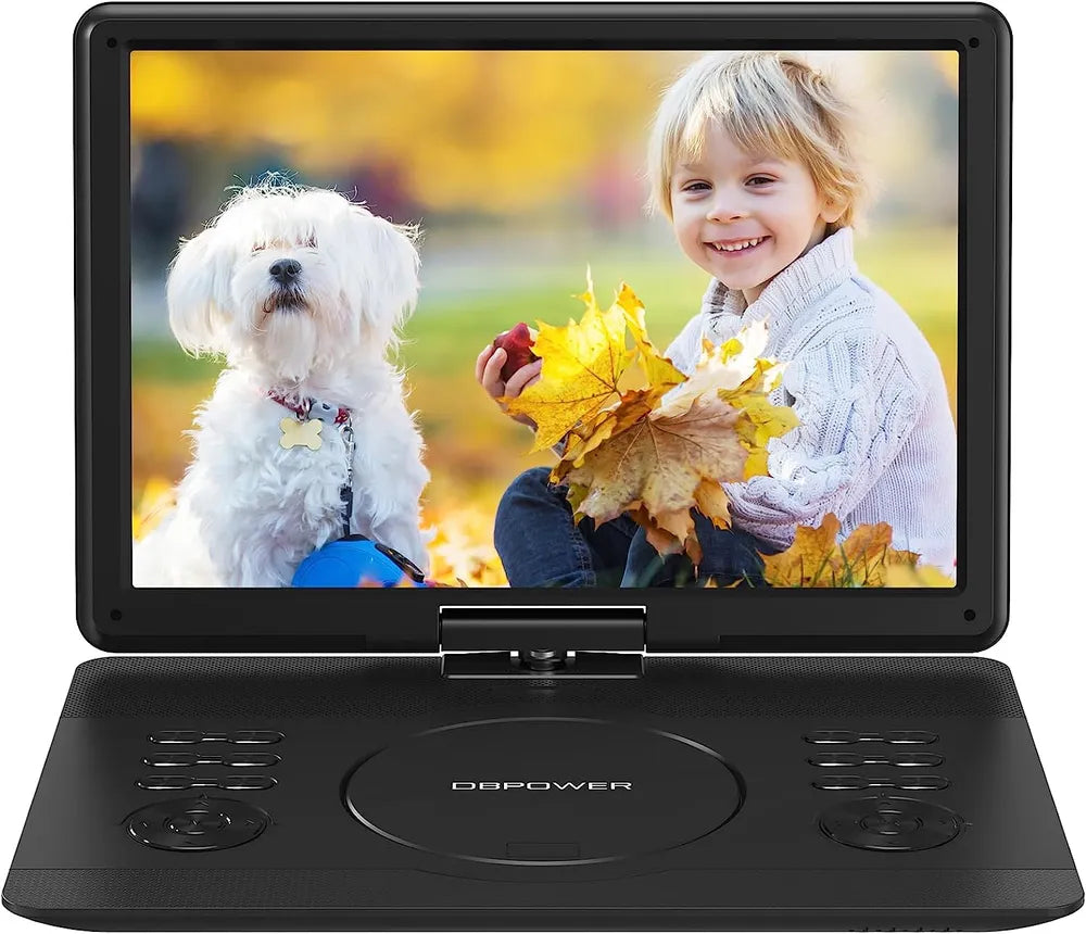 DBPOWER Portable DVD Player With 14.1" HD (Swivel Support) DVD/USB/SD Card And Multiple Disc Formats, Power Speakers, 6Hr Battery, 5000mAh Battery, Video/Projector Out.