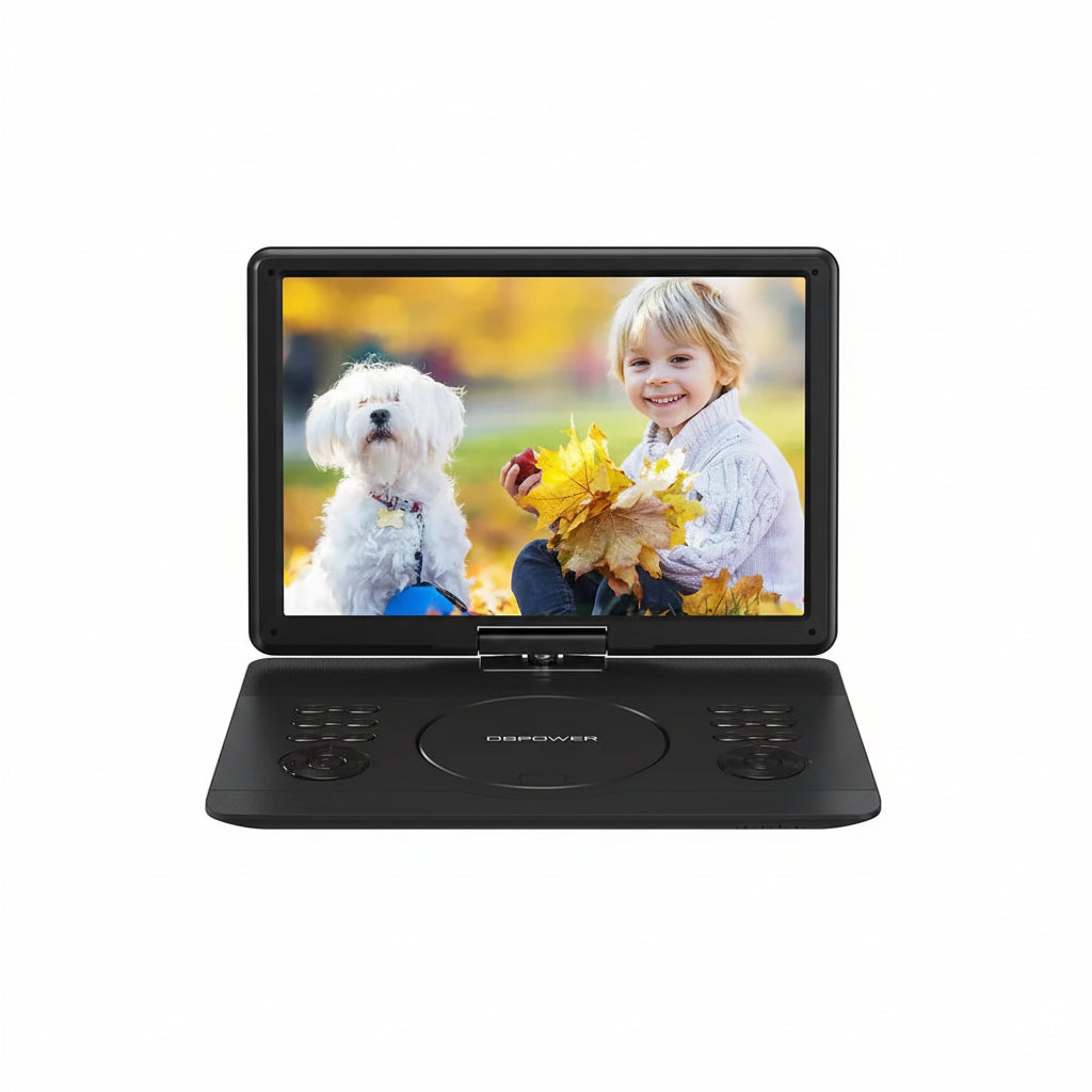 DBPOWER Portable DVD Player With 14.1" HD (Swivel Support) DVD/USB/SD Card And Multiple Disc Formats, Power Speakers, 6Hr Battery, 5000mAh Battery, Video/Projector Out.