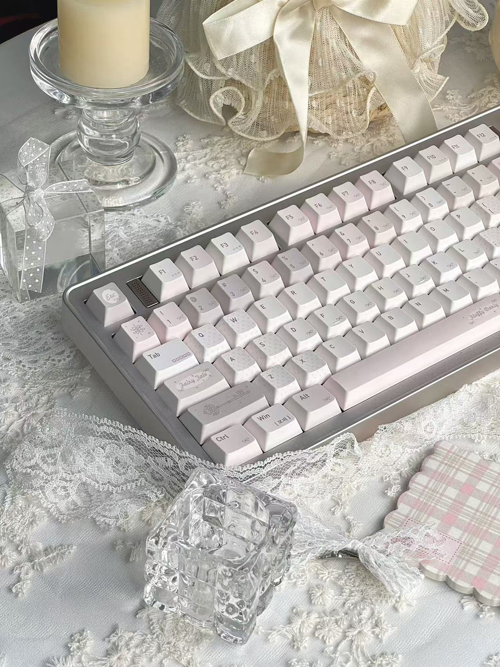 Elanmo Minimalist Design Mechanical Keyboard, Simple Cute Design (Compact Size) (White & Pink)