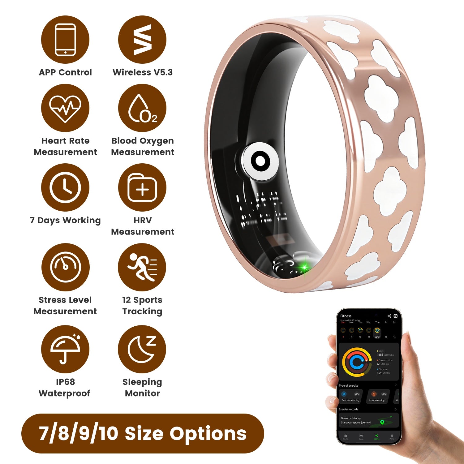 Elnamo Smart Ring, Health/Fitness/Sleep/Stress/HRV Tracker With Magnetic Charging Case, Compatible With IOS & Android (For Women & Men) (7-Day Battery) (Gold & White)
